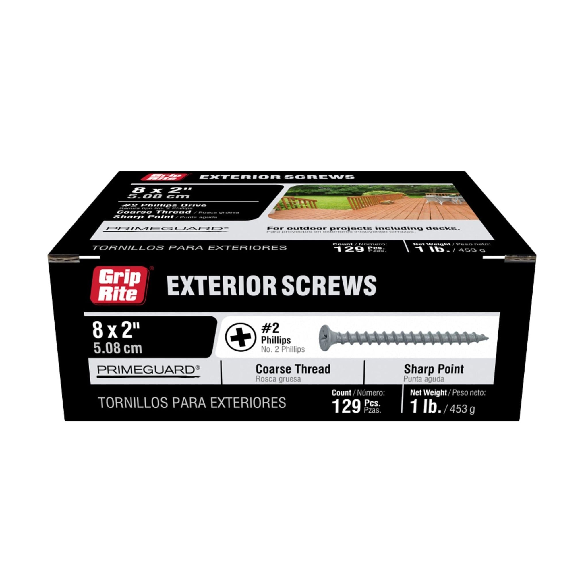 This Grip-Rite box of #8 x 2 in. exterior screws features a #2 Phillips Bugle Head, coarse thread, sharp point, and PrimeGuard Coating. Its perfect for outdoor projects with 129 screws weighing 1 lb (453 g).